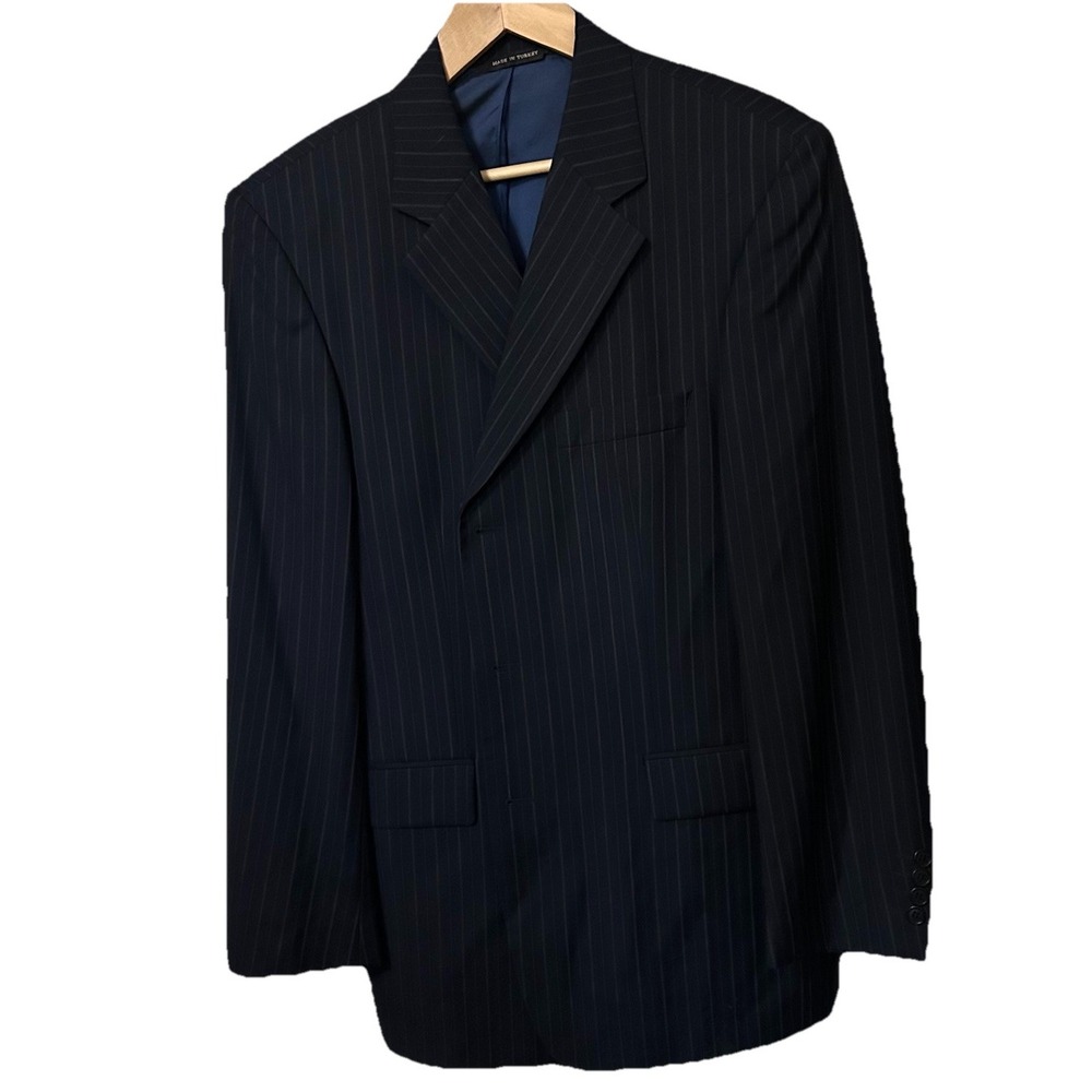 Sarar Men's 42 R Douglas Navy Pinstripe Wool Suit 3 Button Double Vented Jacket